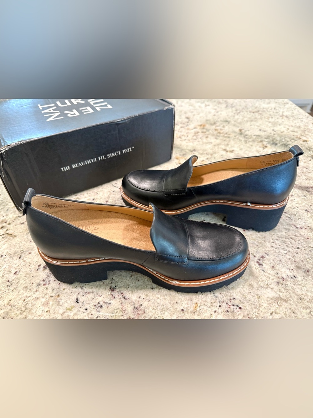 Naturalizer Black Leather Chunky "Darry" Loafers with Tan Welt - Picture 11 of 15